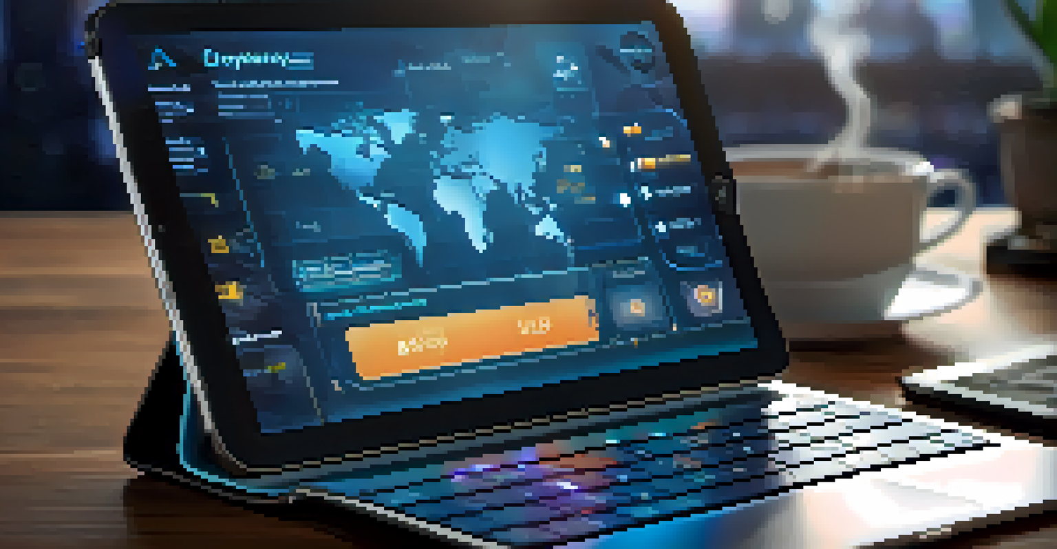 A tablet displaying a cryptocurrency wallet interface with icons for lending and trading, set in a cozy workspace with plants and coffee.