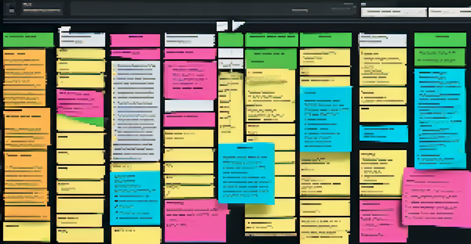A close-up of a digital Kanban board with colorful sticky notes representing tasks in an Agile team environment.