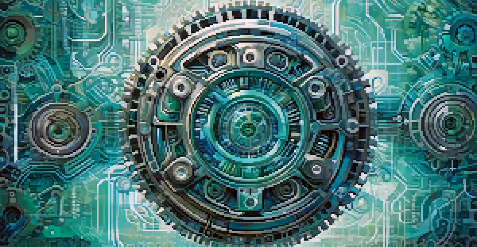An abstract illustration representing robotic process automation with gears and circuit patterns merging with human elements in a futuristic color scheme.