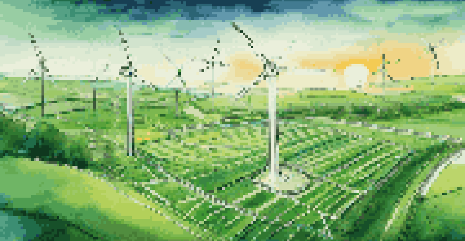 A wind turbine with a digital twin representation and blockchain connections in a green field.