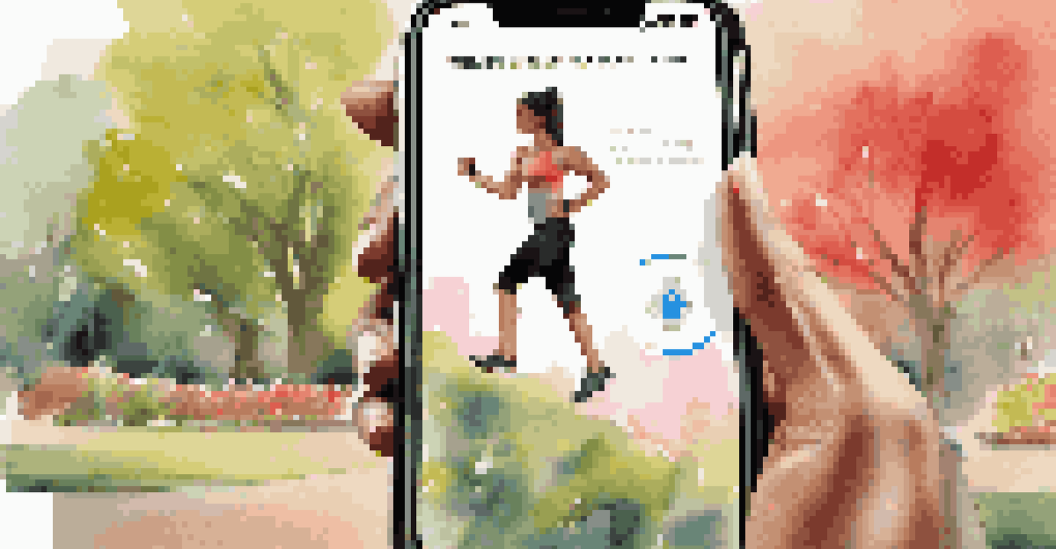 A fitness enthusiast using a personalized workout app on a smartwatch while exercising in a vibrant park, with the app showcasing tailored recommendations.