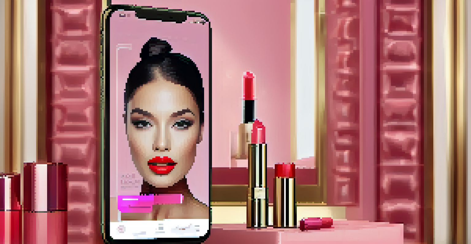 A close-up of a smartphone showing a virtual makeup try-on feature, with lipstick shades applied to a model's lips in a stylish bathroom.