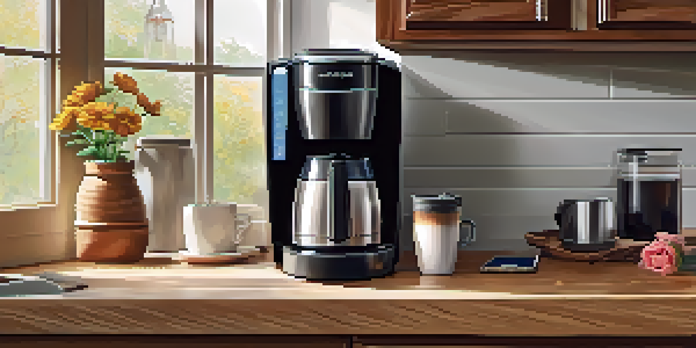 A modern kitchen with a coffee maker and a smartphone showing a notification. Bright light illuminates the space with wooden cabinets and a vase of flowers on the table.