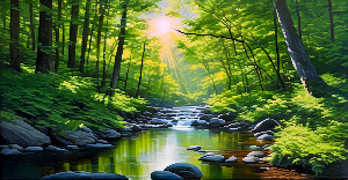 A peaceful forest scene with sunlight shining through the trees and a clear stream running through it.