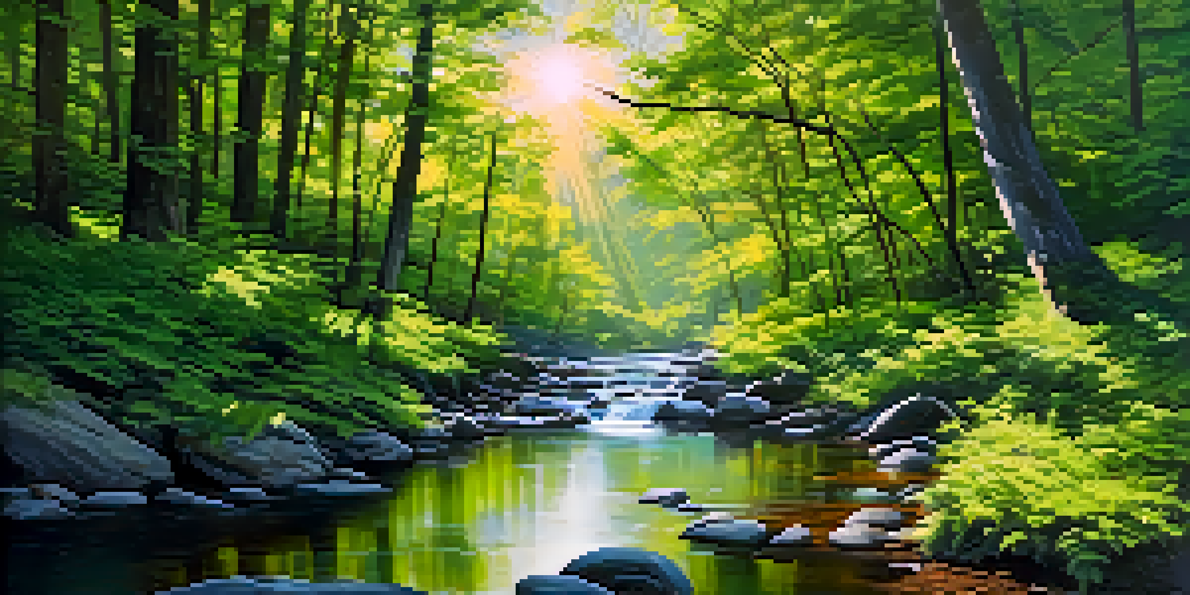 A peaceful forest scene with sunlight shining through the trees and a clear stream running through it.