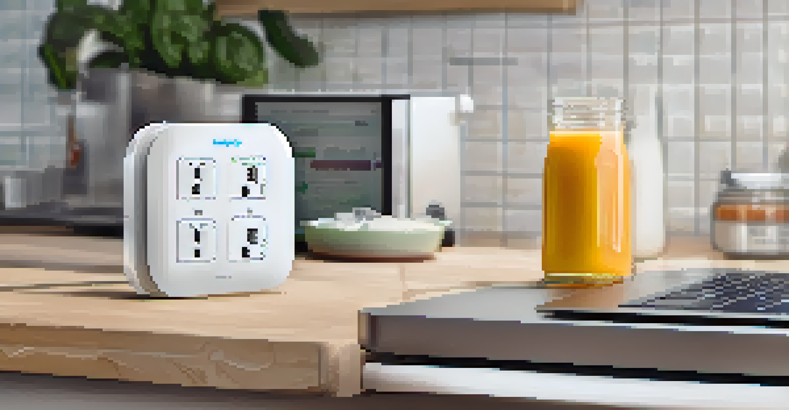 A kitchen counter with a smart plug and energy monitor, showcasing technology for tracking energy consumption.