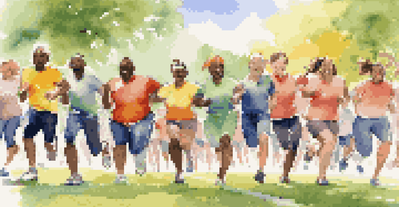 A diverse group of individuals participating in a relay race, showcasing teamwork in a sunny park setting.