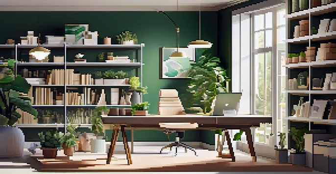 A modern workspace for e-commerce with a laptop, shelf, and plants, illuminated by soft natural light.