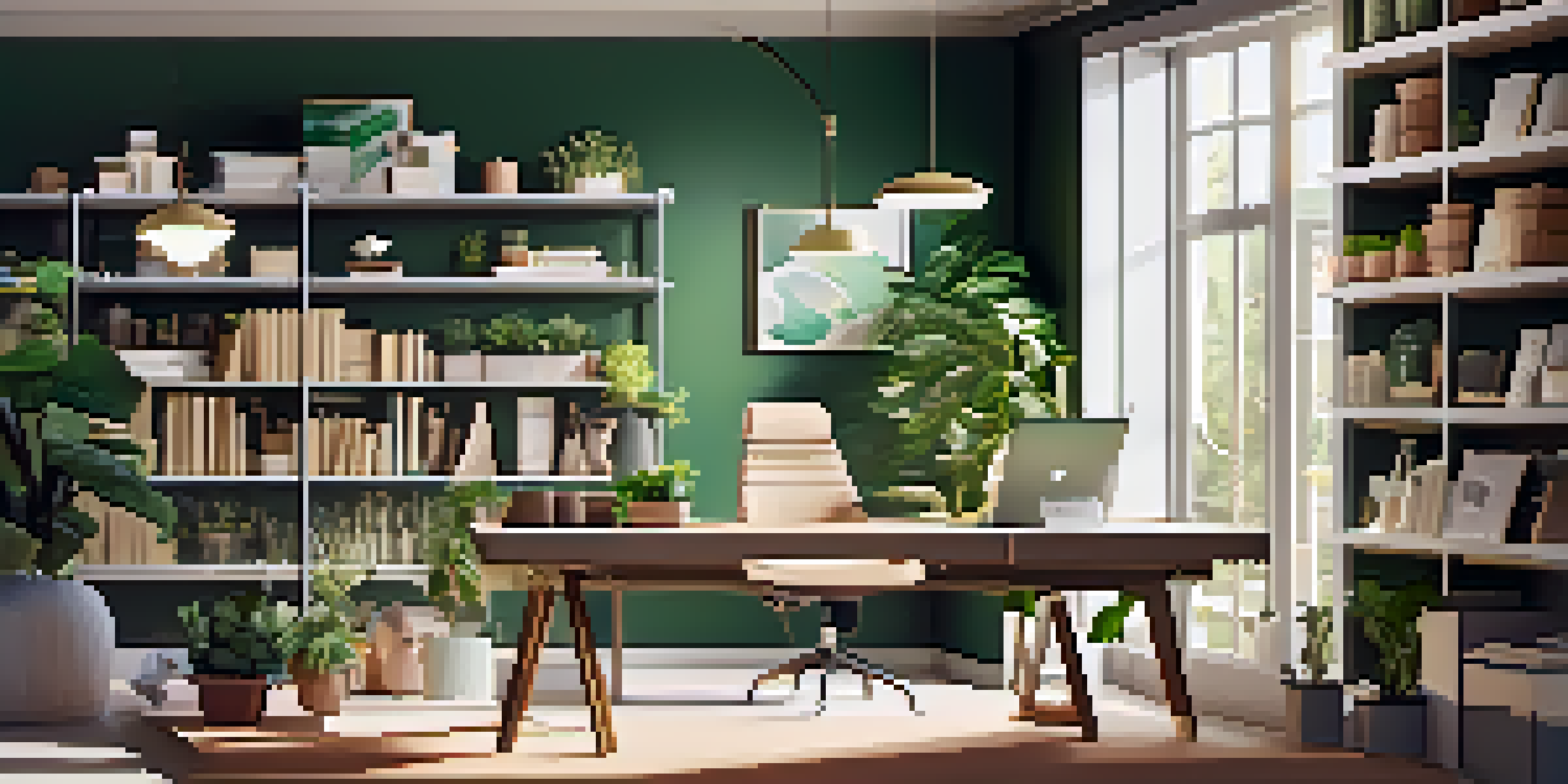 A modern workspace for e-commerce with a laptop, shelf, and plants, illuminated by soft natural light.