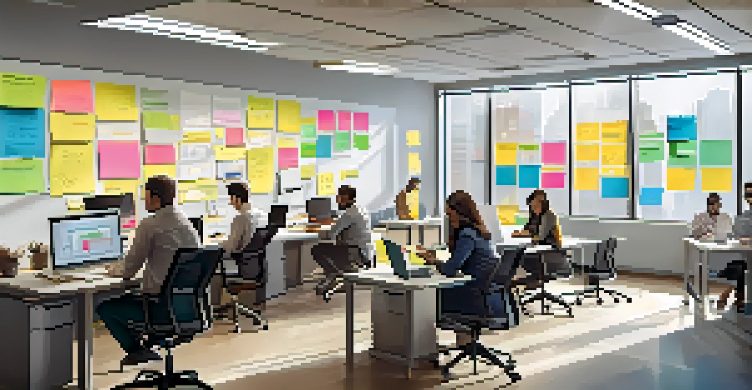 A diverse team collaborating in a modern office with laptops, a shared document on a screen, and colorful post-it notes.