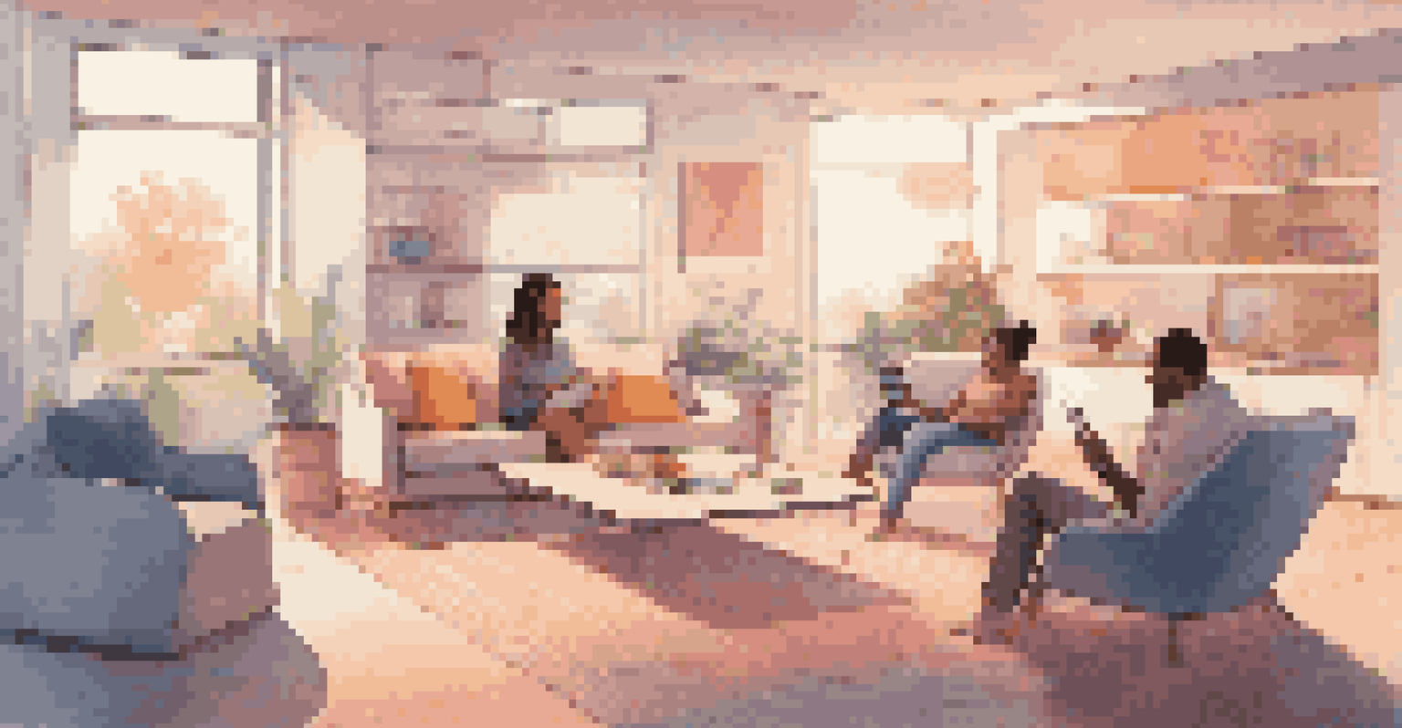 A family joyfully interacting with various voice user interfaces in a futuristic living room, with smart devices and soft ambient lighting.