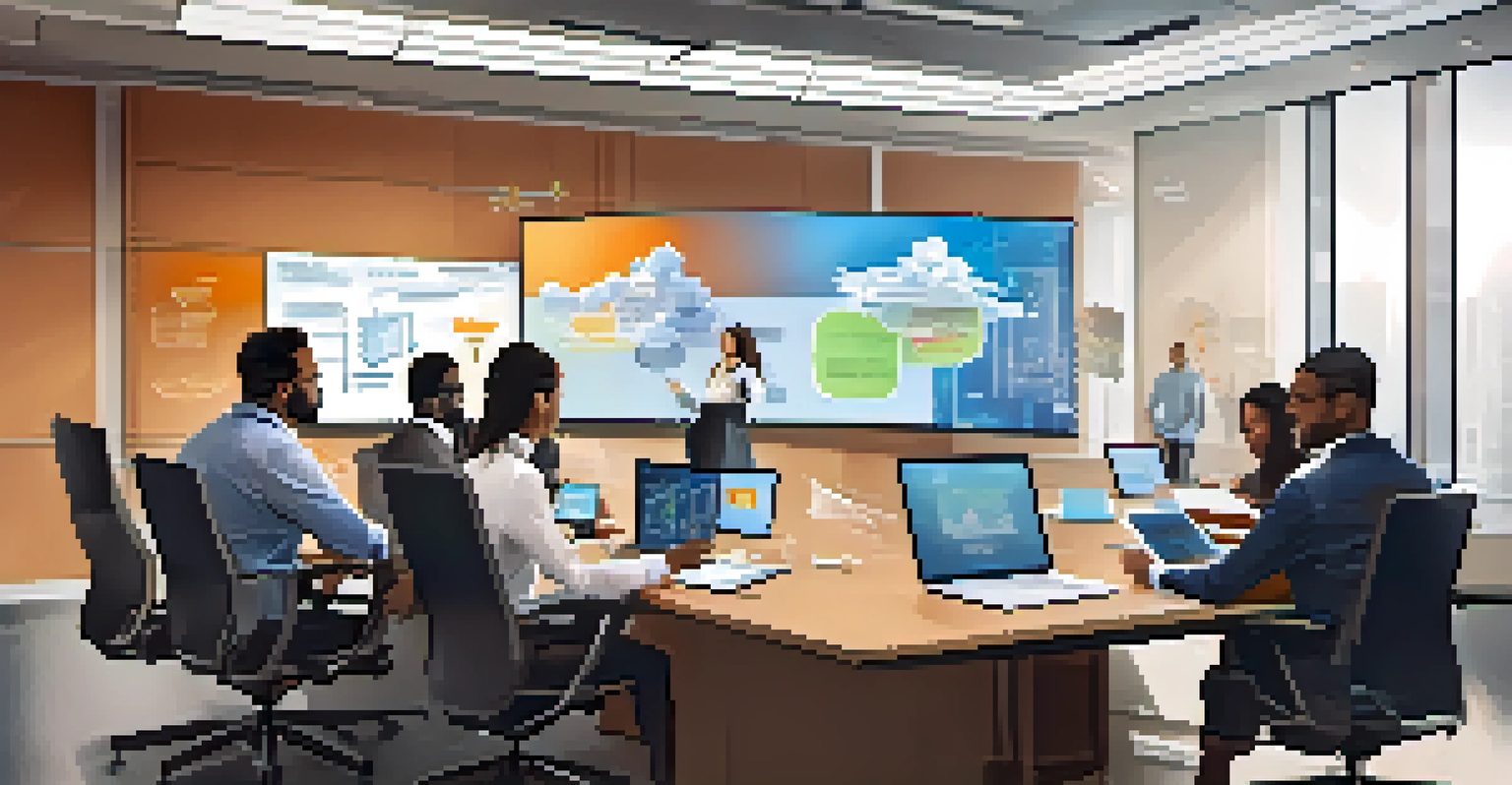 A diverse team of IT professionals collaborating in a conference room with hybrid cloud strategy displays.