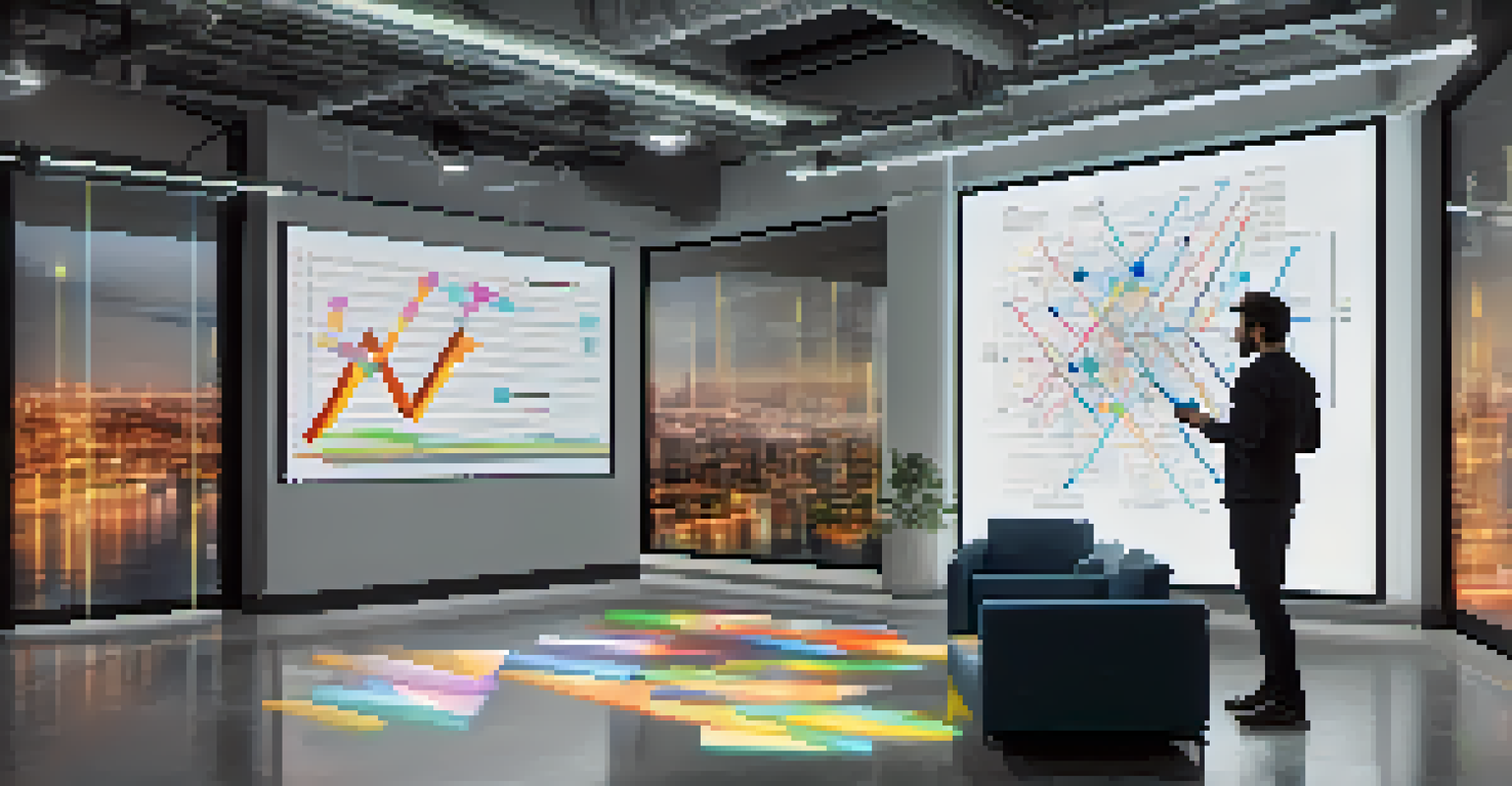 A person engaging with floating augmented reality graphs and charts in a modern office setting.