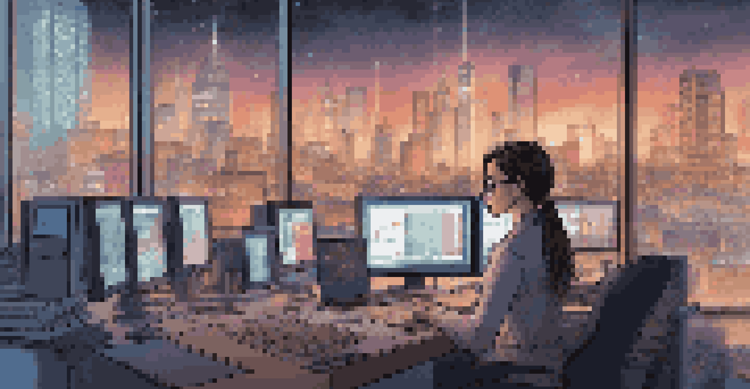 A woman data scientist working in a dimly lit room with multiple screens showing graphs and visualizations, and a city skyline in the background.