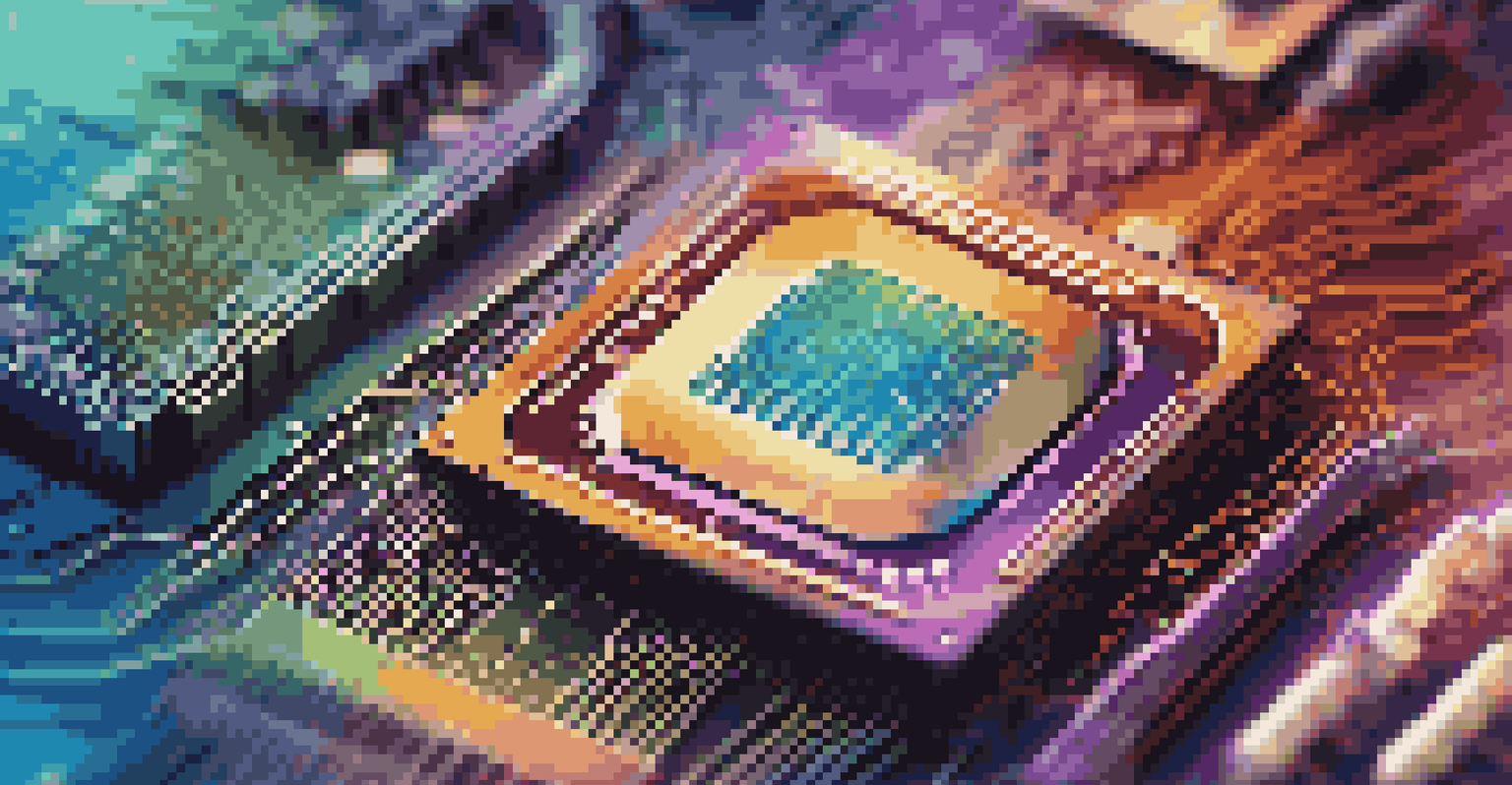 A close-up view of a semiconductor chip with a digital twin overlay showing data flow and performance metrics in a vibrant color scheme.