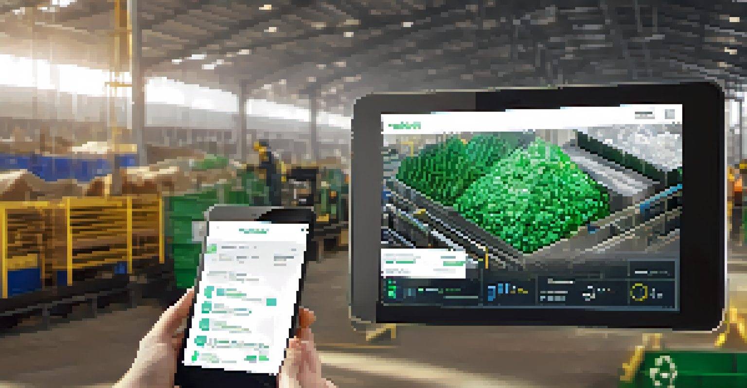 A close-up view of a tablet displaying a blockchain ledger for recycling transactions, with a recycling plant in the background.