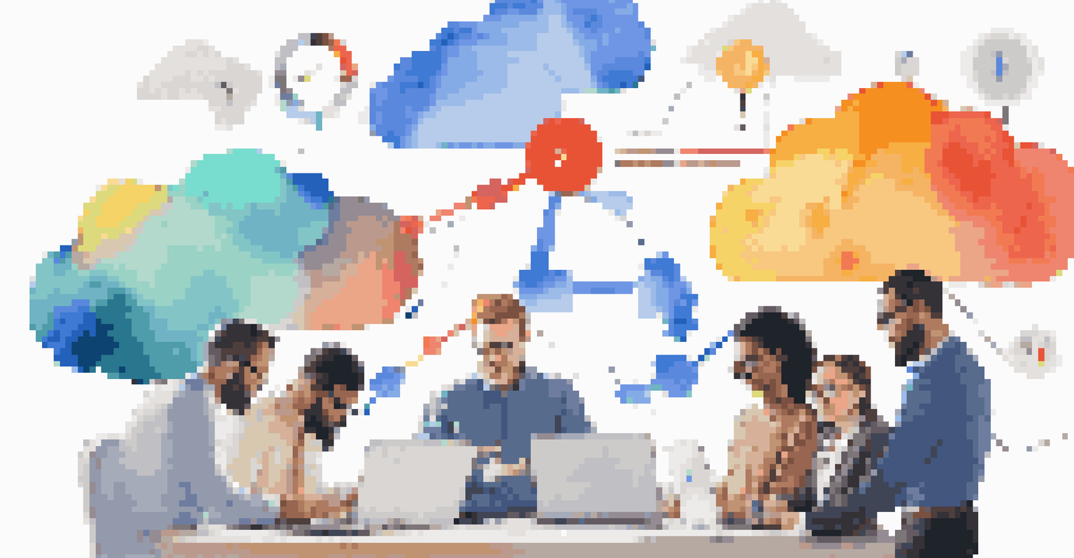 An infographic showing multiple cloud icons connected by arrows, with a diverse team discussing cloud strategies around a table.