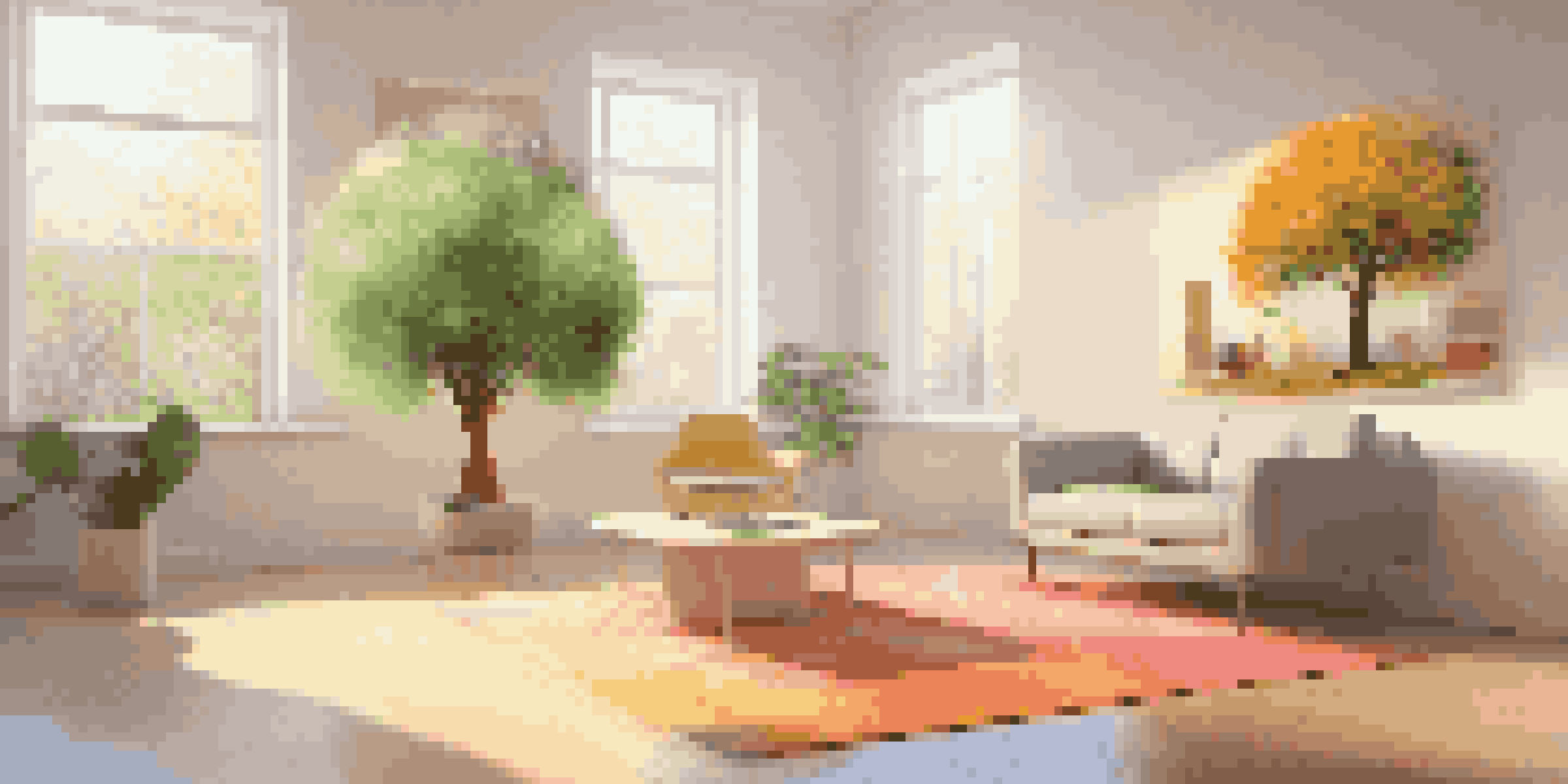 A digital tree growing in a living room, surrounded by modern furniture, with information tags about its species displayed around it.