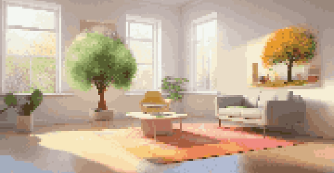 A digital tree growing in a living room, surrounded by modern furniture, with information tags about its species displayed around it.