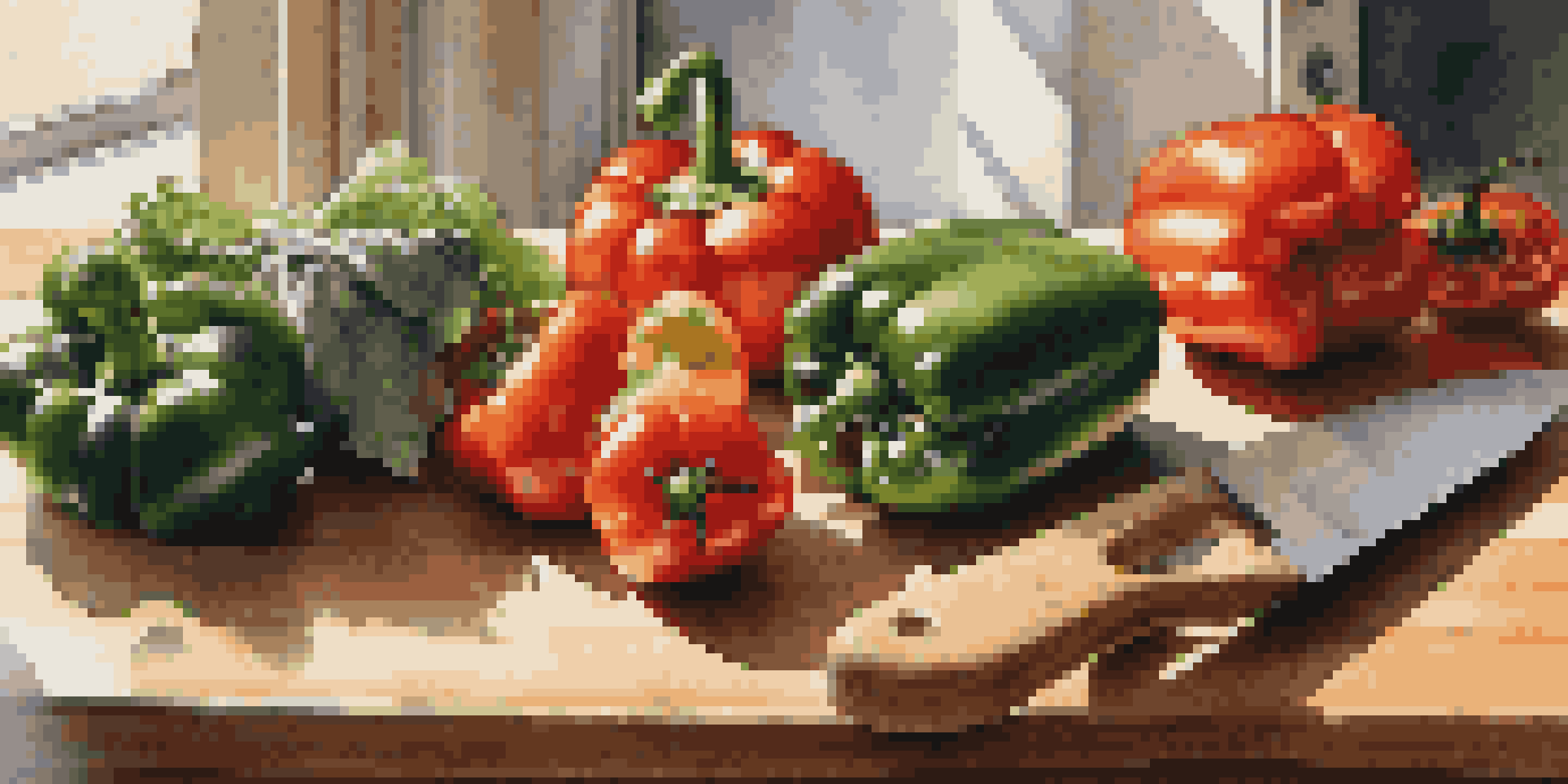A variety of fresh vegetables on a wooden kitchen table with a knife and cutting board, illuminated by soft natural light.