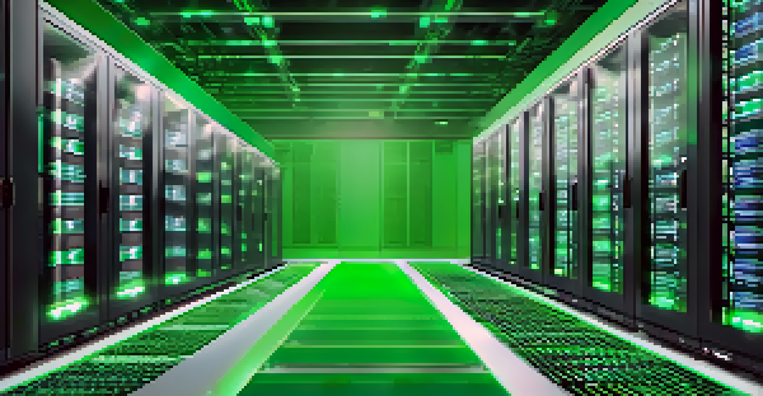 A close-up of an energy-efficient server rack in a green data center, with LED lights and a control panel in the background.