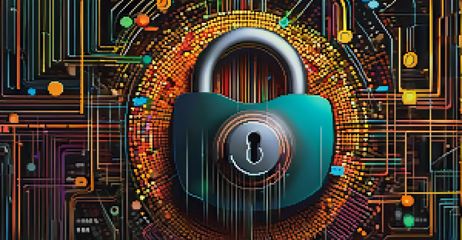 An abstract image of a digital lock with binary code, representing data privacy, set against a dark background.