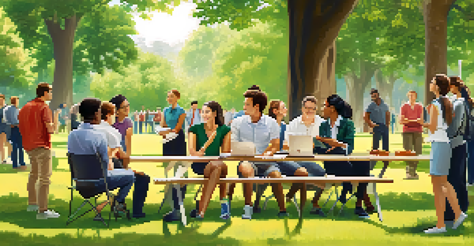 A team-building event in a park, with people discussing user engagement strategies, surrounded by greenery.