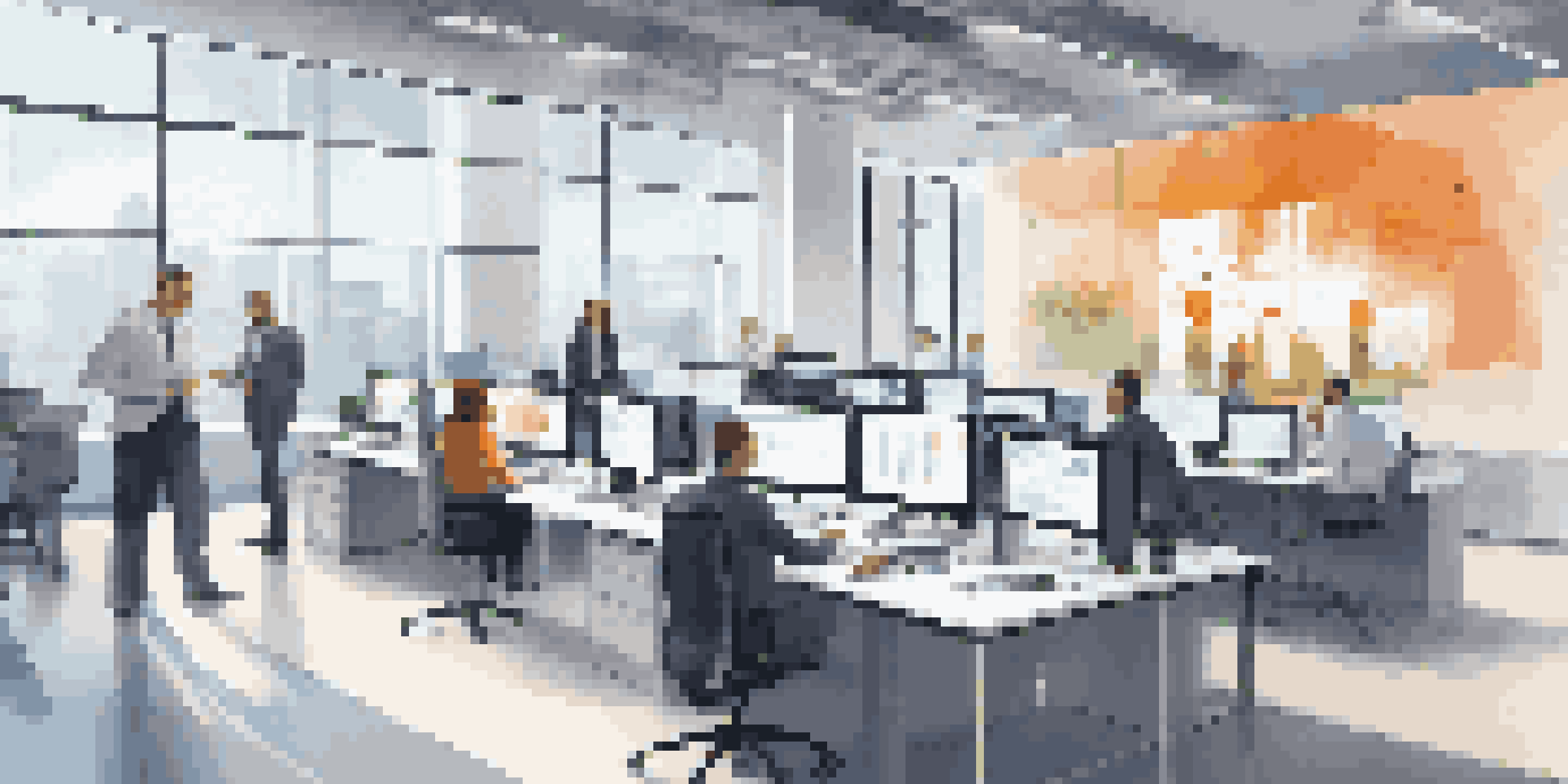 A bright modern office with professionals collaborating around digital screens displaying supply chain data.