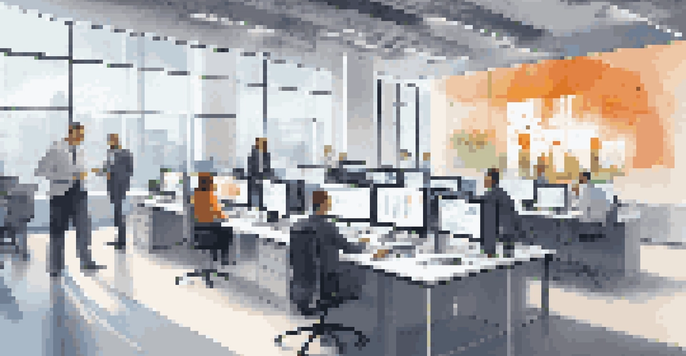 A bright modern office with professionals collaborating around digital screens displaying supply chain data.