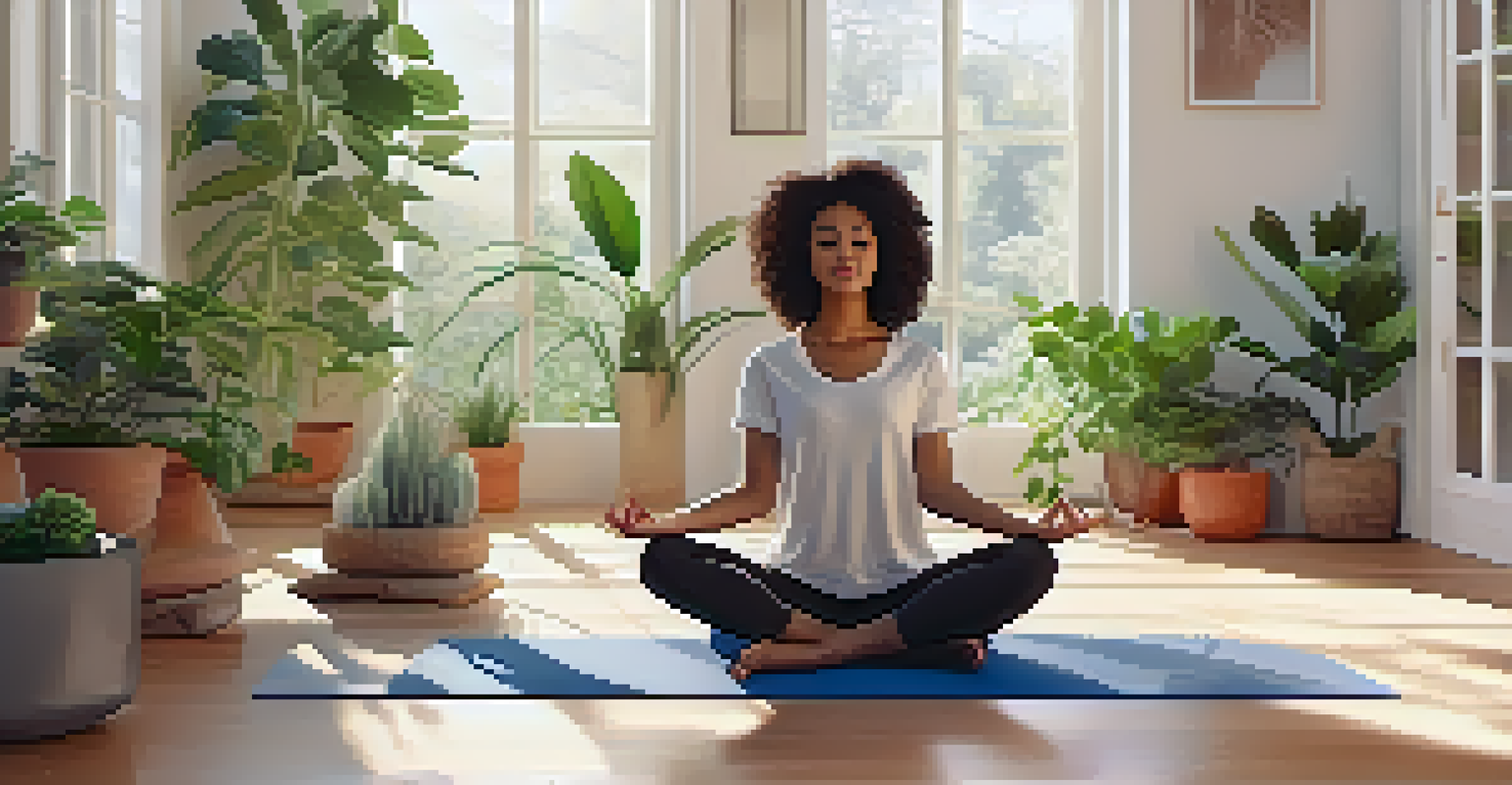 A person doing yoga in a bright room with plants and a smartphone displaying a health app.