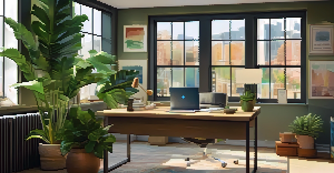 A modern office space with a desk, laptop, and potted plant, illuminated by natural light.