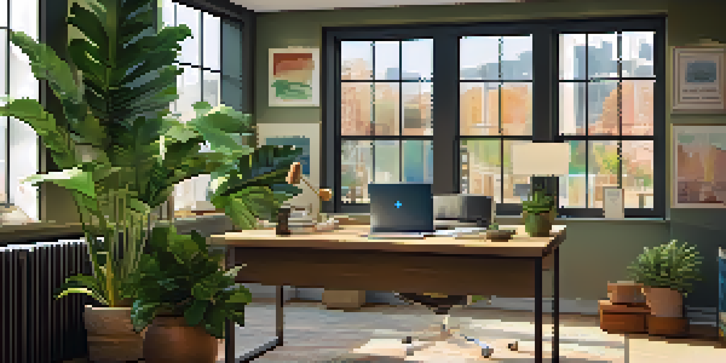 A modern office space with a desk, laptop, and potted plant, illuminated by natural light.