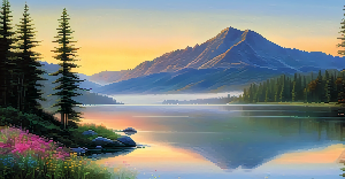 A tranquil sunrise landscape with a reflective lake, blooming wildflowers, and misty mountains.