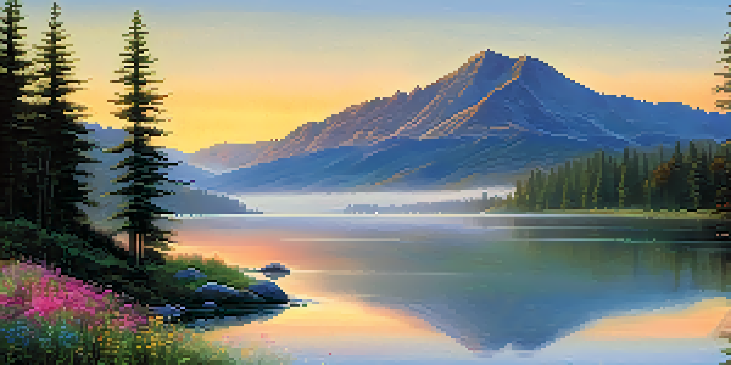 A tranquil sunrise landscape with a reflective lake, blooming wildflowers, and misty mountains.
