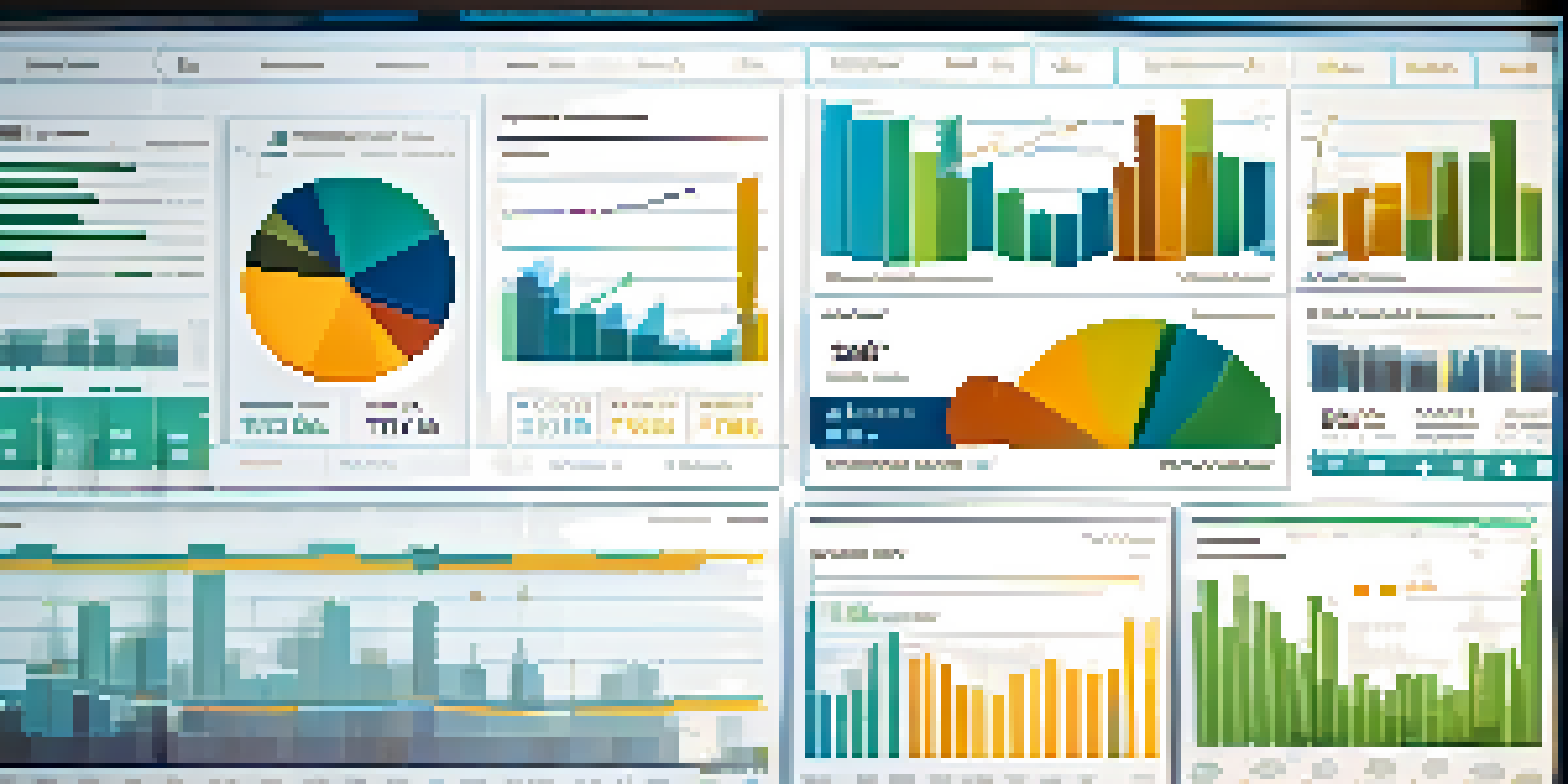 A computer screen displaying a colorful data visualization dashboard with various charts in a modern office setting.