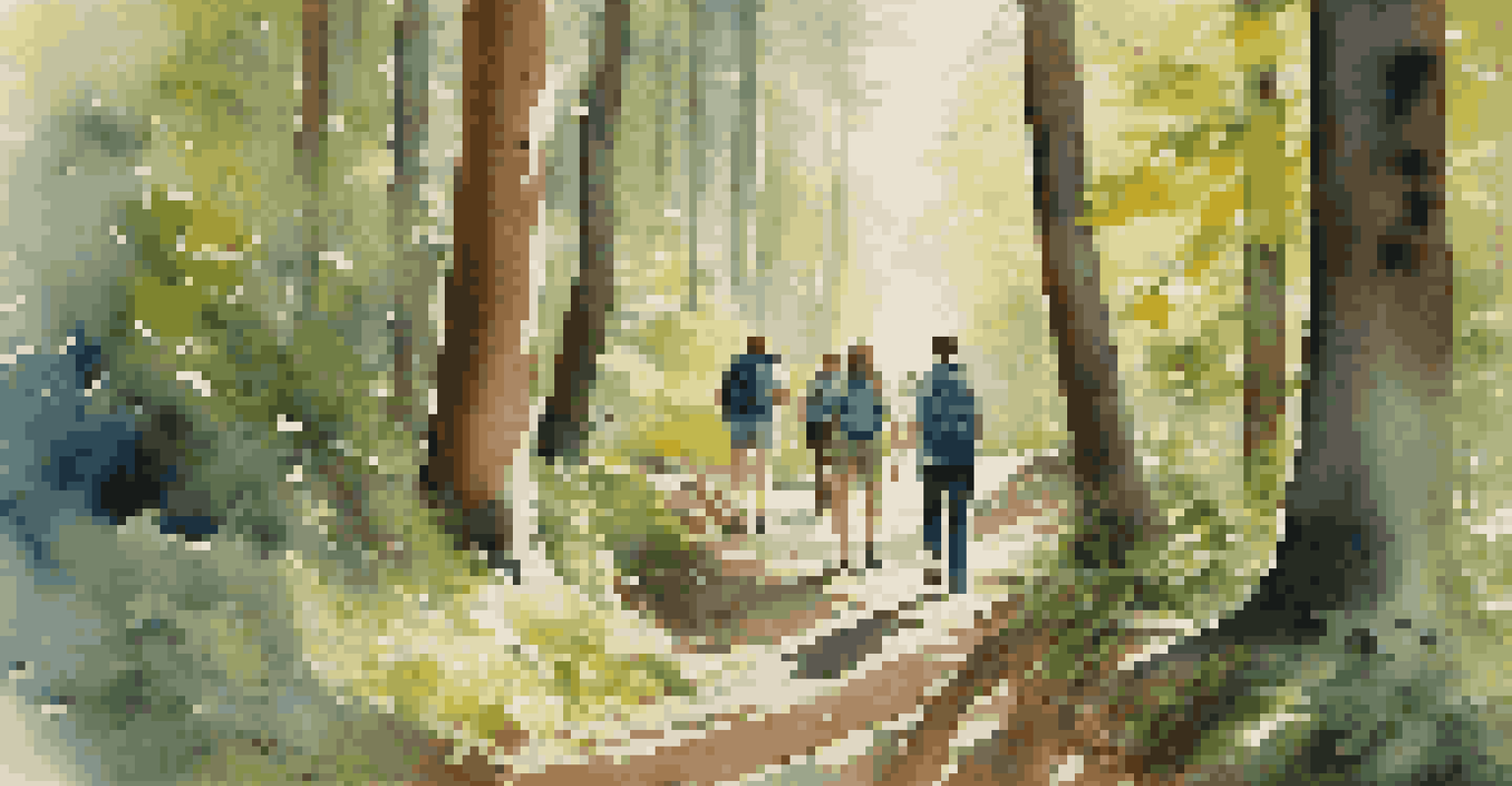 A group of friends hiking on a wooded trail, enjoying nature and each other's company without digital devices.