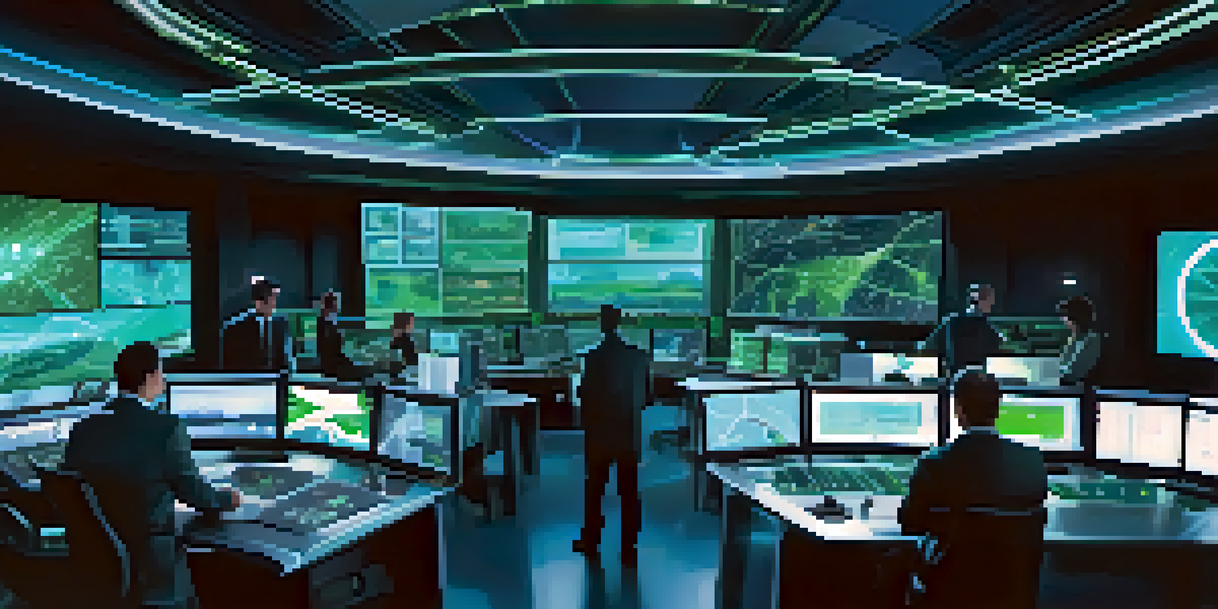 A modern control room with various screens showing vehicle data and GPS maps, featuring professionals analyzing the information in a high-tech environment.