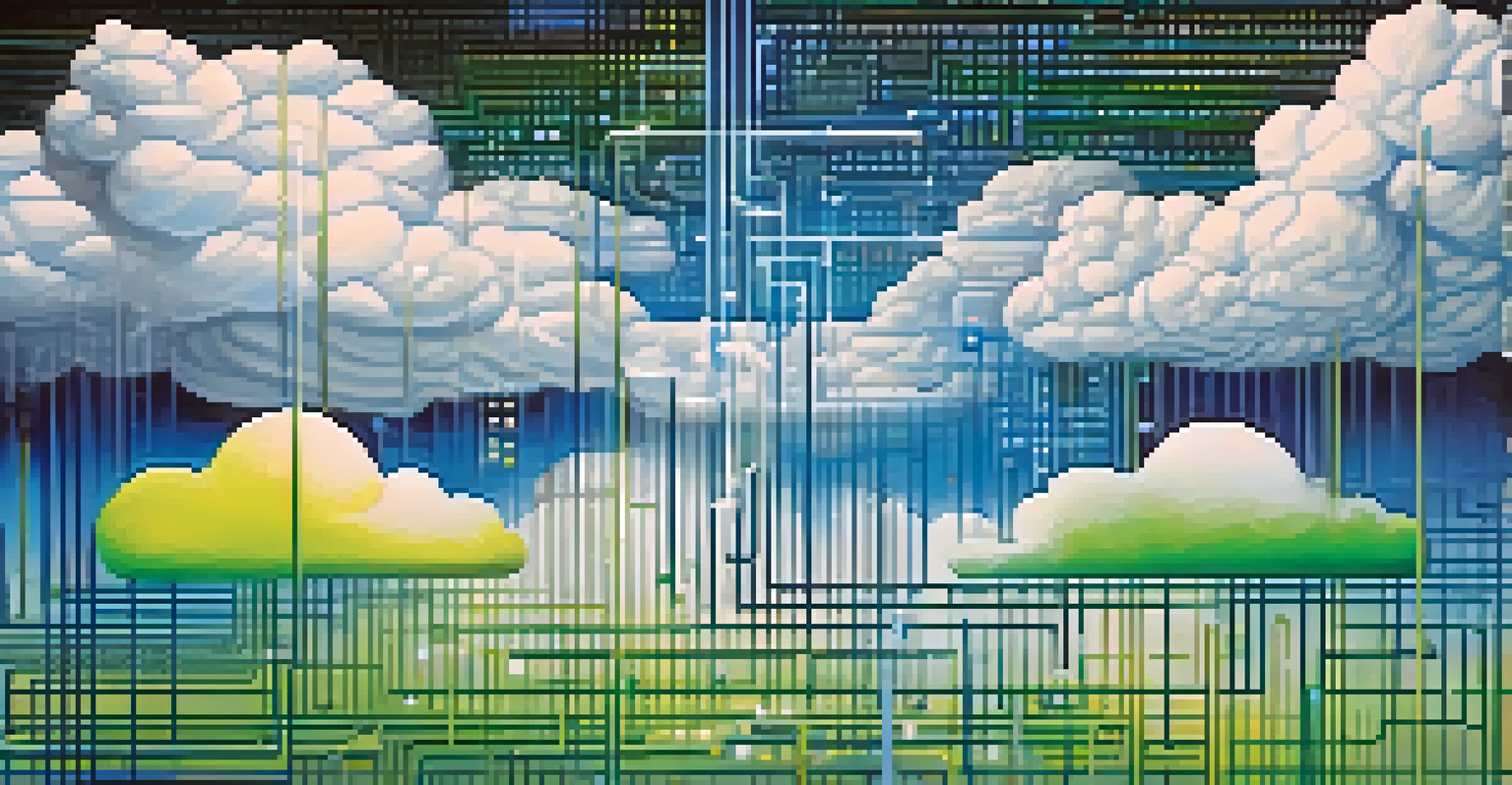An abstract image depicting data validation in cloud computing, featuring interconnected clouds with binary code and icons for data security.