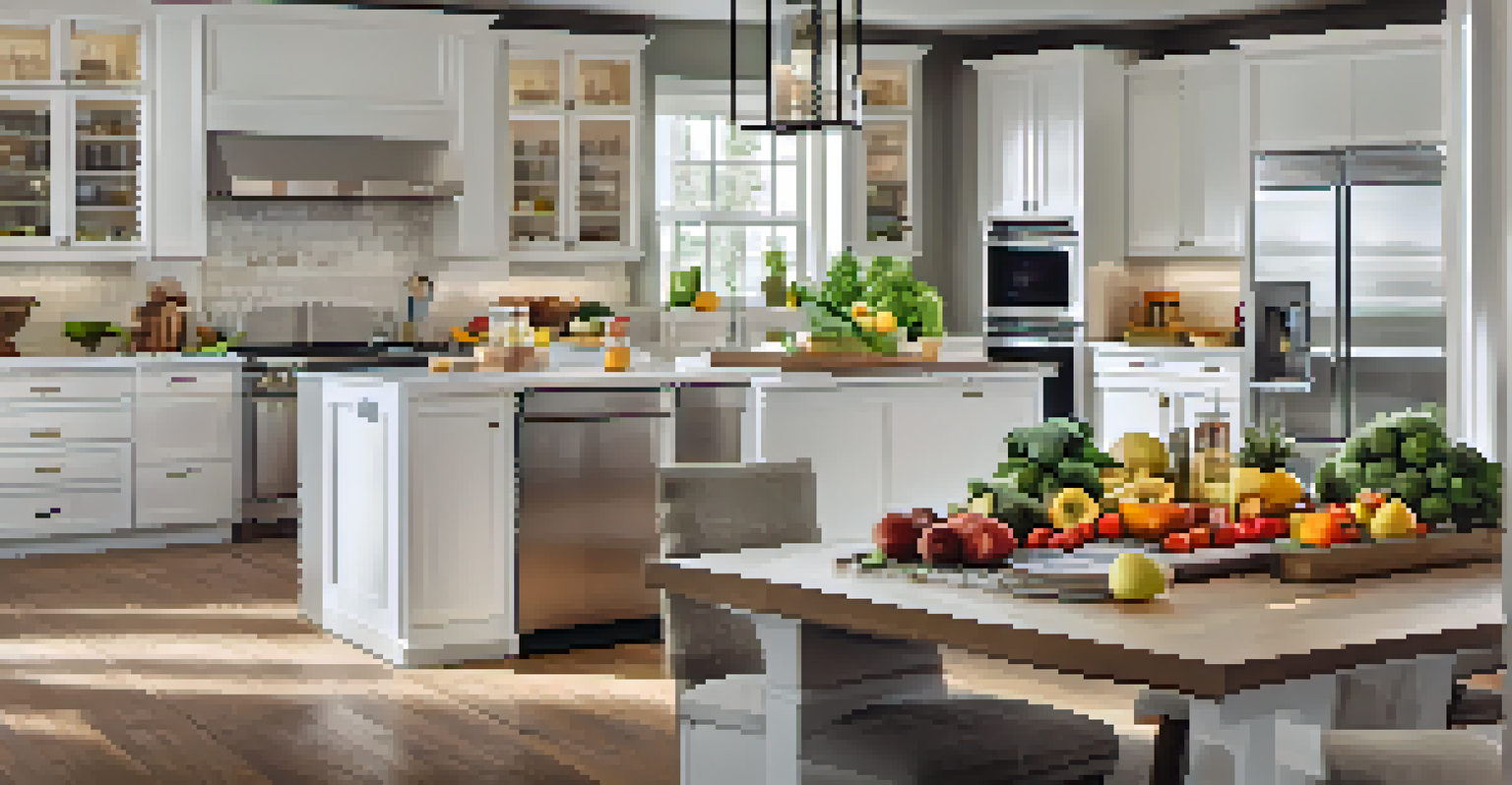 A modern kitchen with a smart refrigerator displaying recipe suggestions, filled with fresh ingredients.