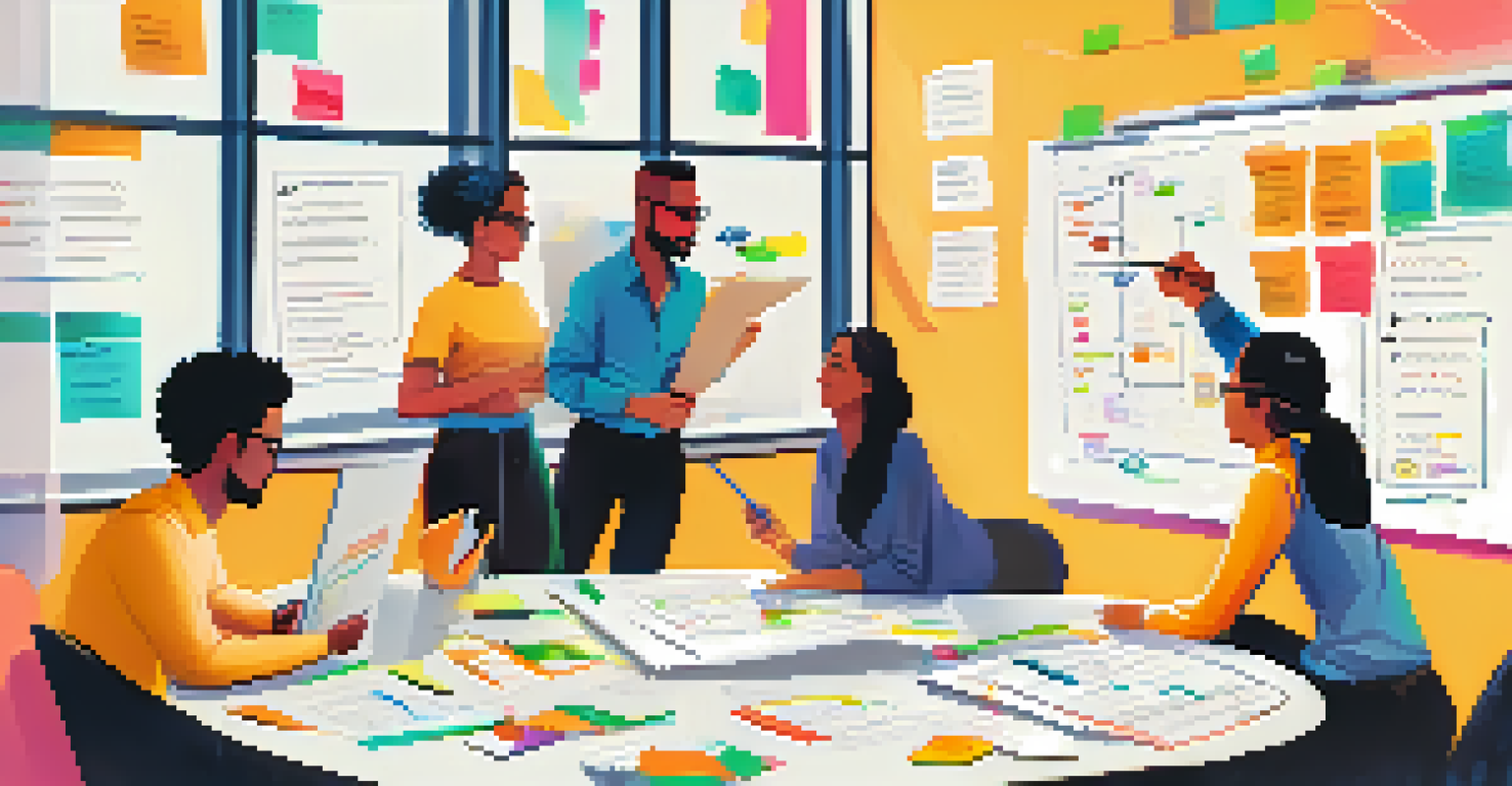 A vibrant room with a team gathered around a whiteboard, planning sprints with colorful notes and charts.