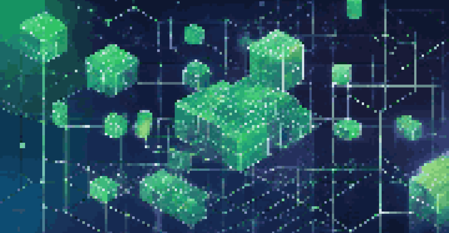 A conceptual image of blockchain technology with floating blocks and glowing connections in a digital space.