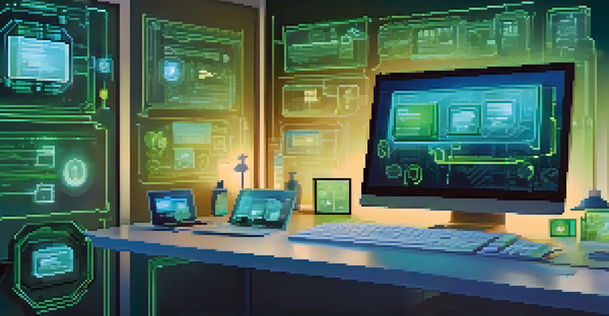 A computer screen displaying a secure CMS interface with icons of security features in a serene digital landscape.