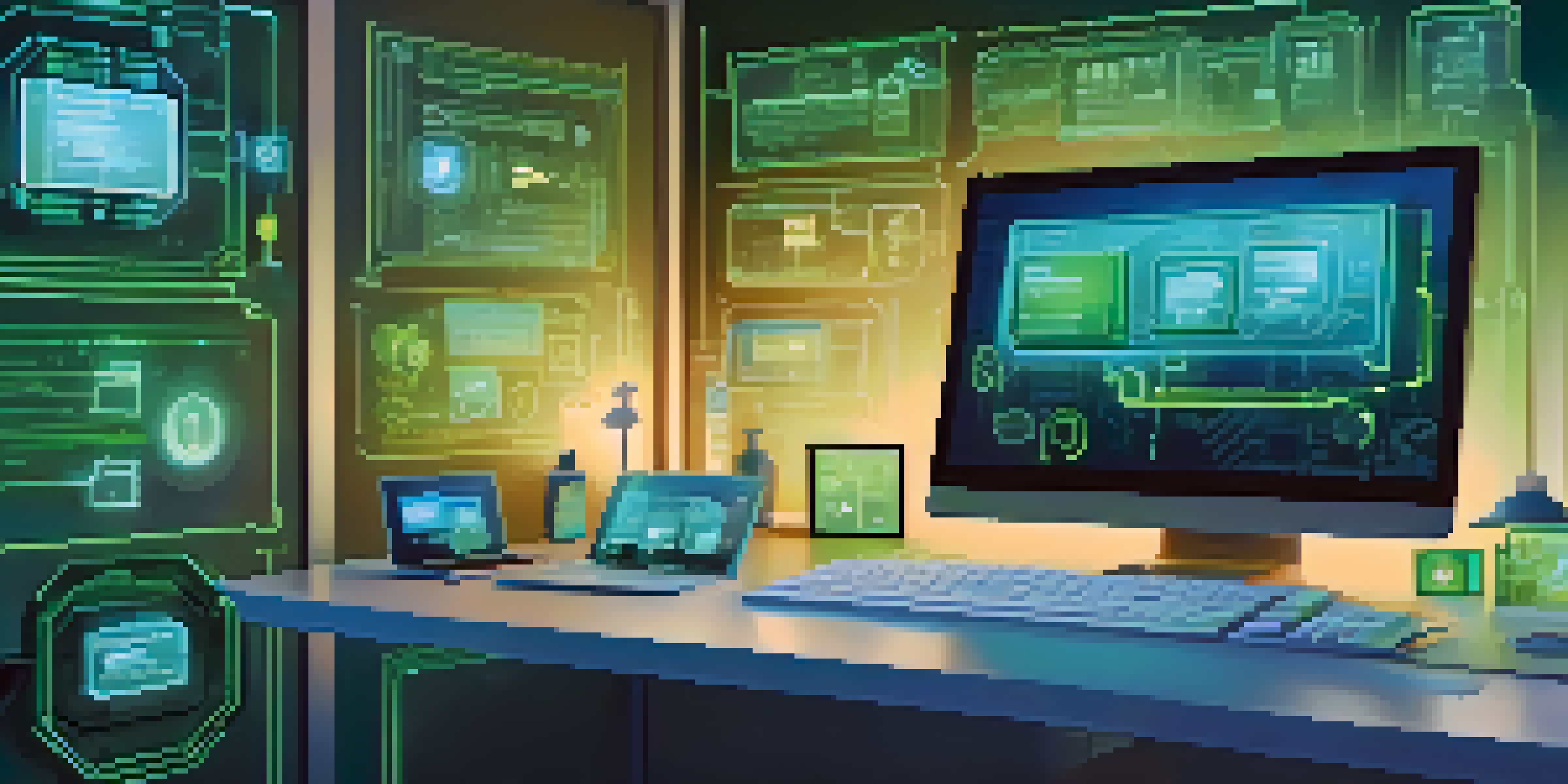 A computer screen displaying a secure CMS interface with icons of security features in a serene digital landscape.