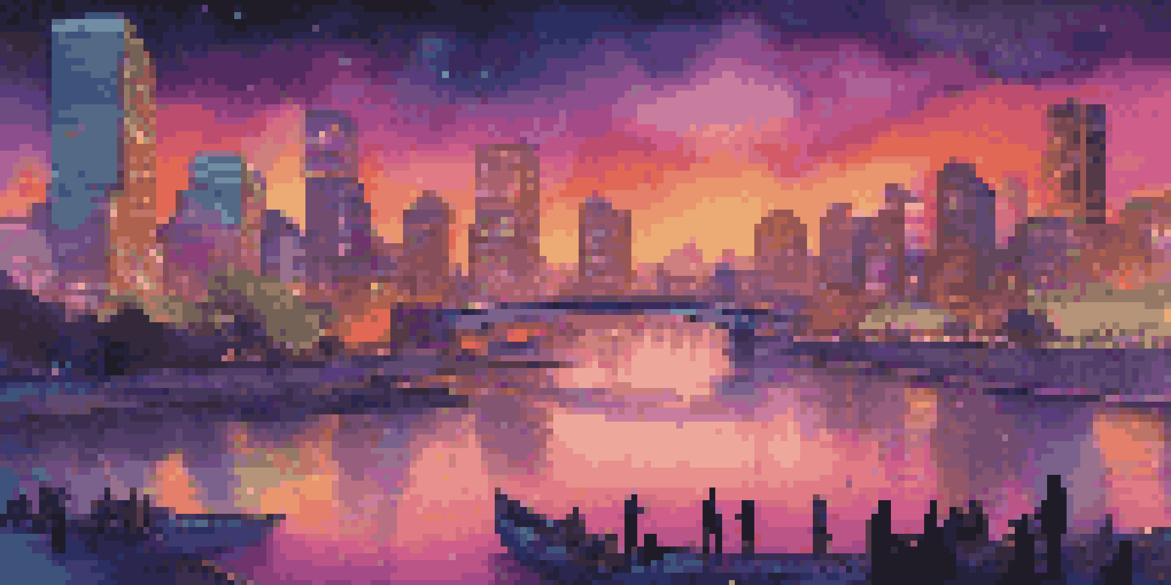 A digital city skyline at dusk with neon lights and a river, showing people using cryptocurrency on their devices.