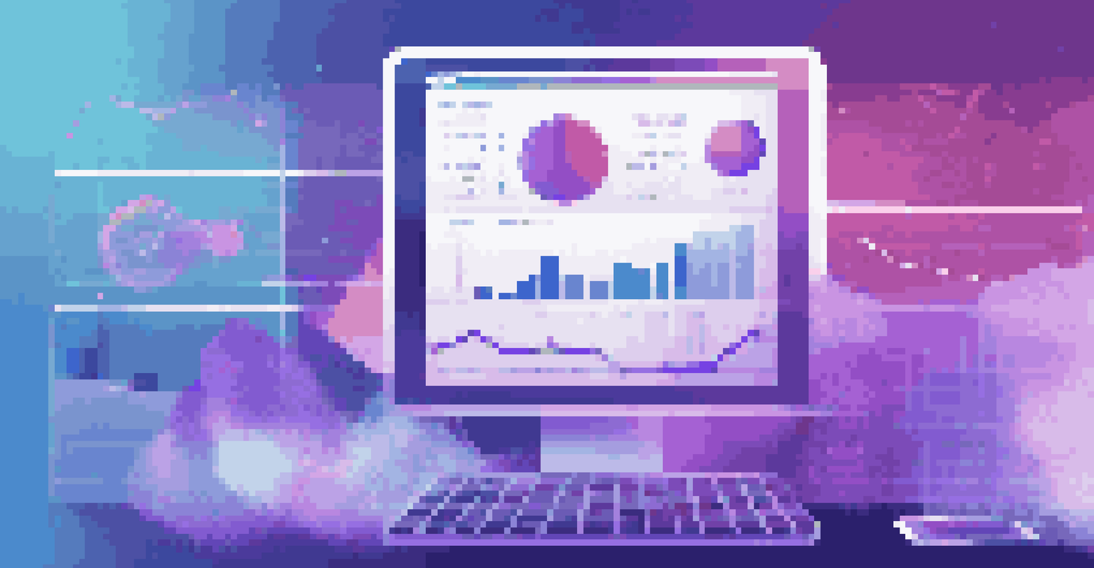 Abstract data analytics with colorful graphs and charts on a digital screen against a blue and purple gradient background.