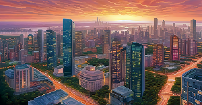 A modern city skyline at sunset with skyscrapers, greenery, and smart transportation systems, illuminated by streetlights.
