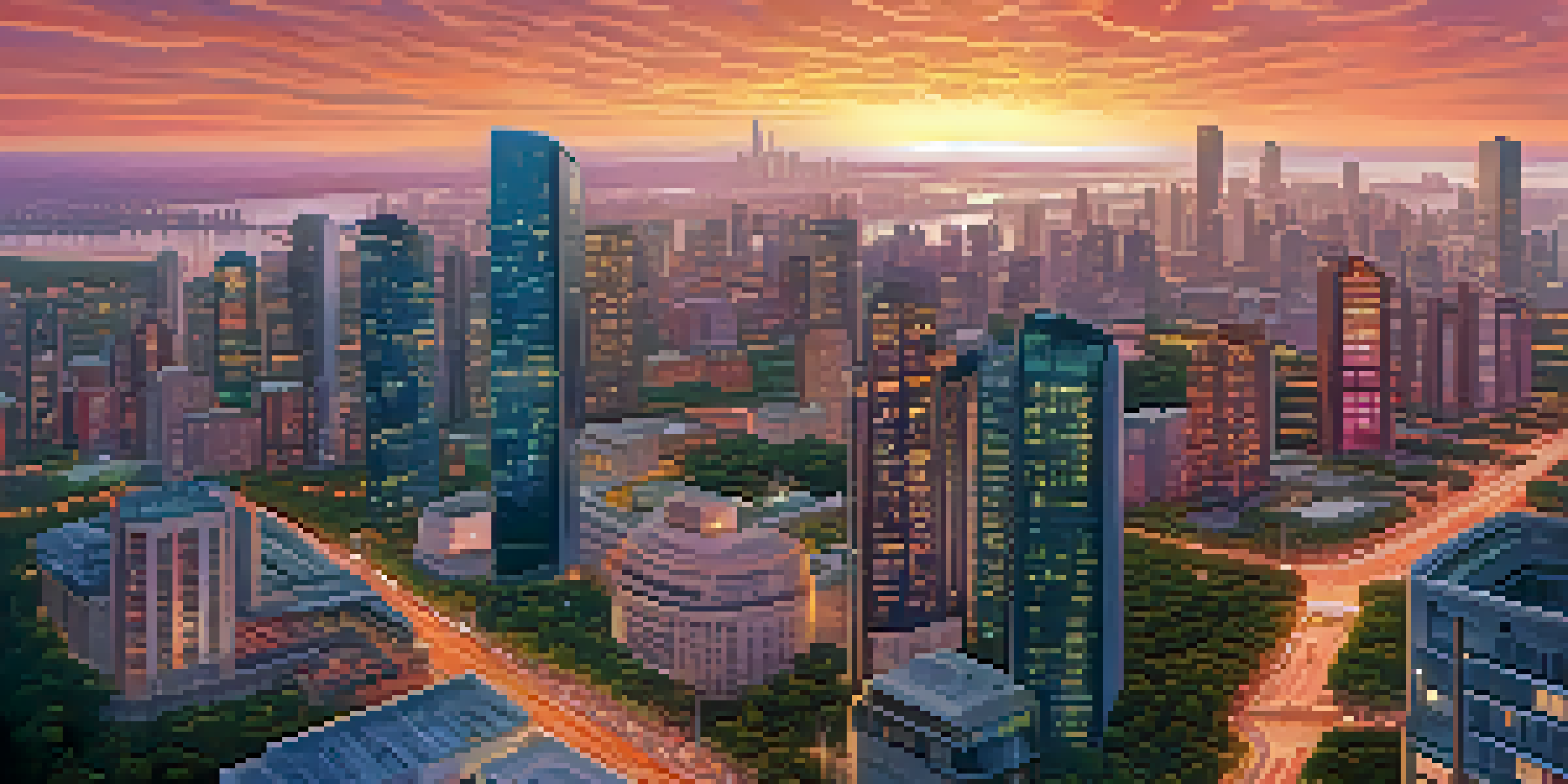A modern city skyline at sunset with skyscrapers, greenery, and smart transportation systems, illuminated by streetlights.
