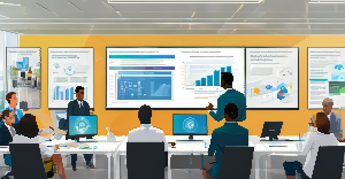 A diverse group of employees in a bright office attending a data protection training session, with a screen showing a DLP tool interface.