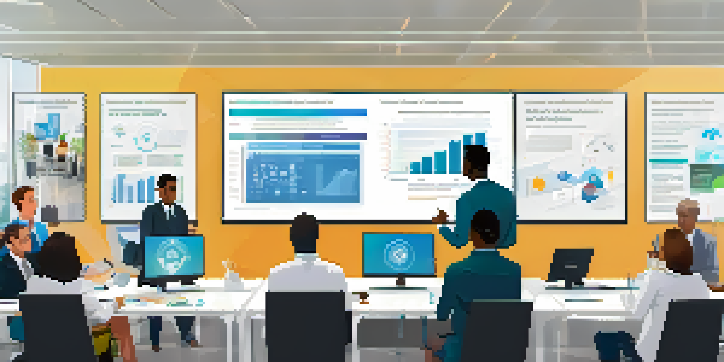 A diverse group of employees in a bright office attending a data protection training session, with a screen showing a DLP tool interface.