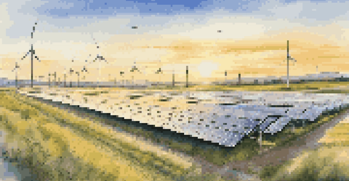 A sunrise view of a solar power farm with solar panels and wind turbines surrounded by green fields and wildflowers.